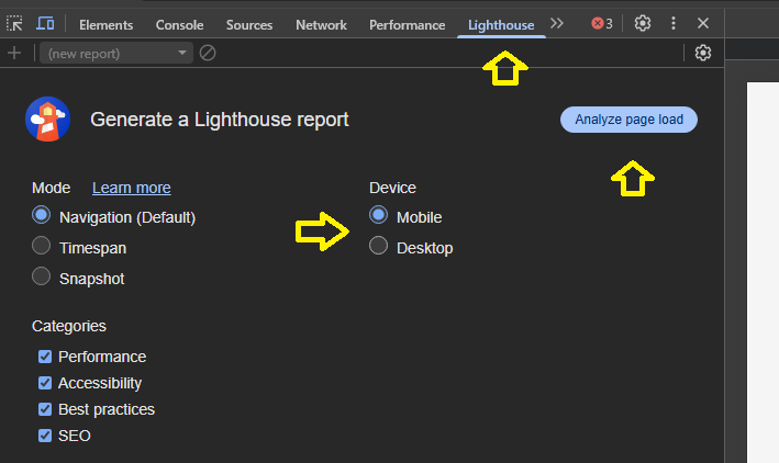 light house Chrome Dev Tools- اینادرام سئو