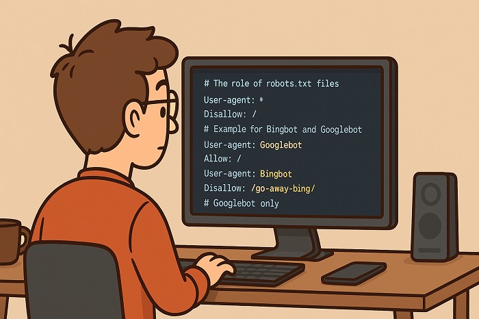 یک سئو کار مرد داره فایل ربات تکس را در کامپیوتر درست میکند robots.txt - inadramseo
