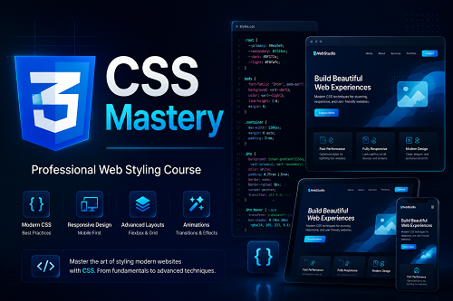 طراحی بصری کاور دوره آموزشی CSS با تم مدرن و تخصصی، نمایش‌دهنده استایل‌دهی پیشرفته وب.