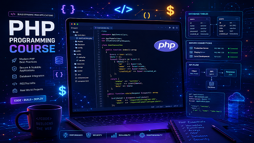 تصویر کاور دوره برنامه‌نویسی PHP با نمایش کدهای PHP در ویرایشگر کد و عناصر دیجیتال مرتبط با توسعه بک‌اند.