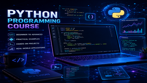 کاور مدرن دوره برنامه‌نویسی پایتون با لپ‌تاپ درخشان و کدهای Python در محیطی تکنولوژیک و آینده‌نگر.