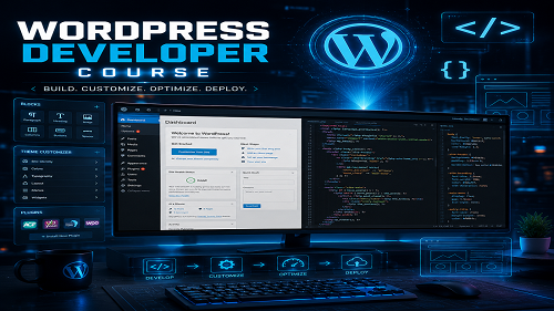 تصویر کاور دوره توسعه وردپرس با نمایش داشبورد WordPress و ویرایشگر کد شامل HTML، CSS و PHP در یک محیط مدرن برنامه‌نویسی.